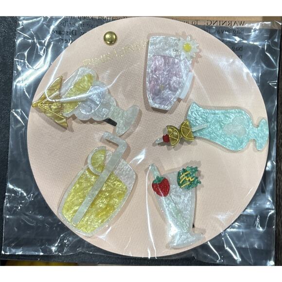 Pink Linen Set of 5 Cocktail Drinks Alligator Clasp Hair Clips Brand New - Picture 1 of 1